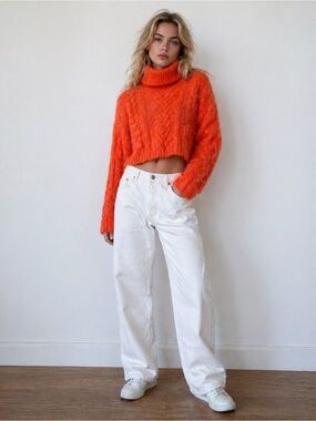 ZARA Orange Cropped Turtleneck Sweater | Cozy Chunky Knit M